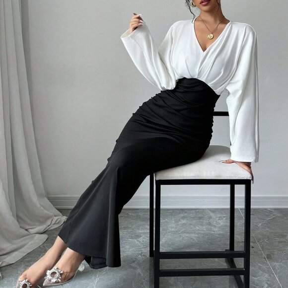 Black Elegant Women's Patchwork Long Sleeve Pleated Hem Casual Dress - Picture 3 of 6